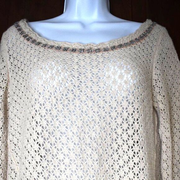 Free People Off White Wool Blend Open Knit Sweater Small Embellished Scoop Neck - Picture 3 of 12